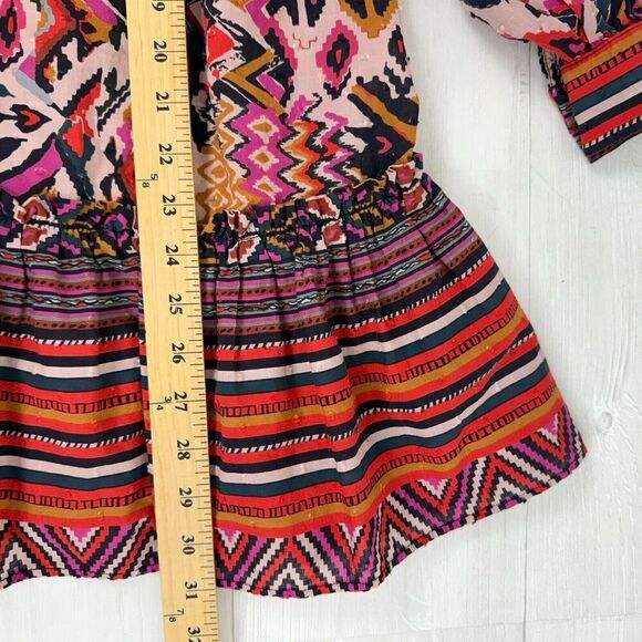 Zara Long Sleeve Mini Dress L Red Pink Geometric Tribal Print Button Front Boho - Picture 14 of 16